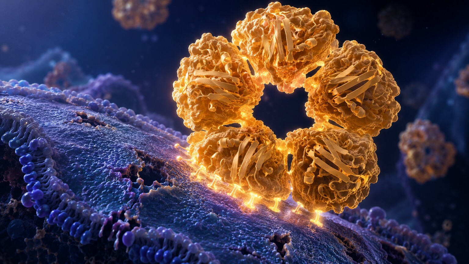 Scientific illustration of a pentameric C-reactive protein molecule binding to phosphocholine on a damaged cell membrane