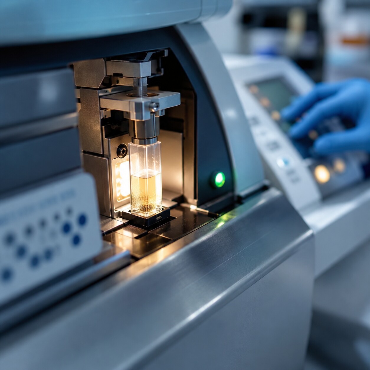 Close-up of a laboratory immunoturbidimetric analyzer processing a blood serum sample for high-sensitivity CRP testing