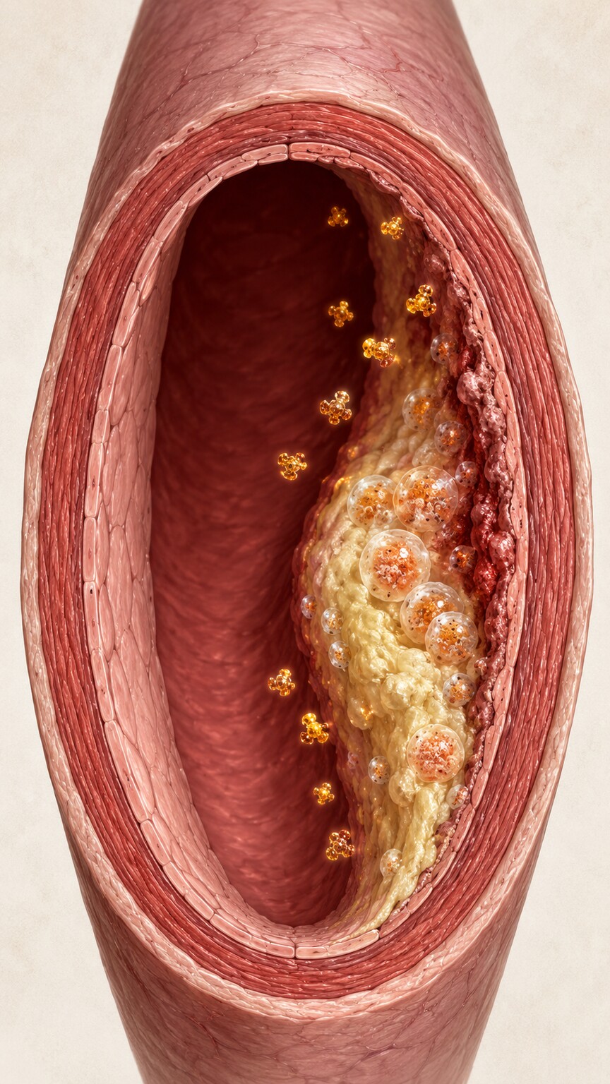 Medical cross-section illustration of a coronary artery with atherosclerotic plaque and an inflamed endothelial lining