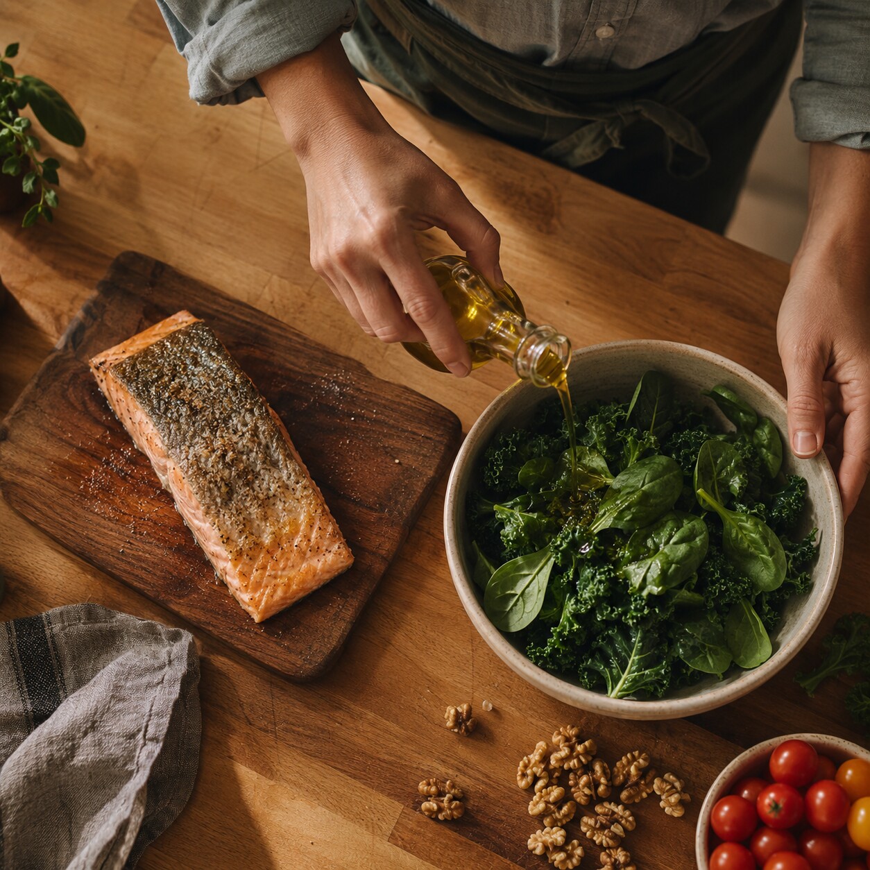 Overhead view of hands preparing a meal of salmon, olive oil, and leafy greens on a kitchen counter
