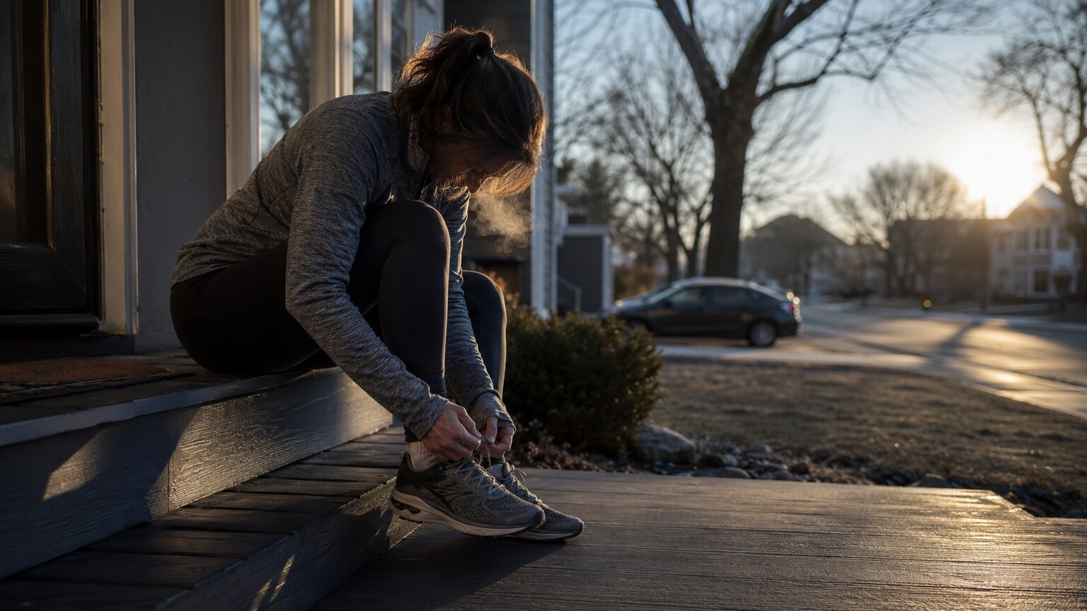 Person tying running shoes on a front porch in cold early morning light before a jog