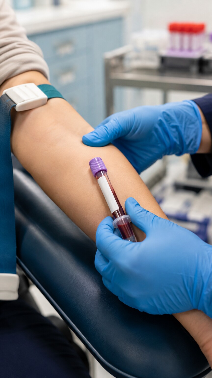 Phlebotomist drawing blood from a patient's arm into a collection tube for a CRP or hs-CRP laboratory test