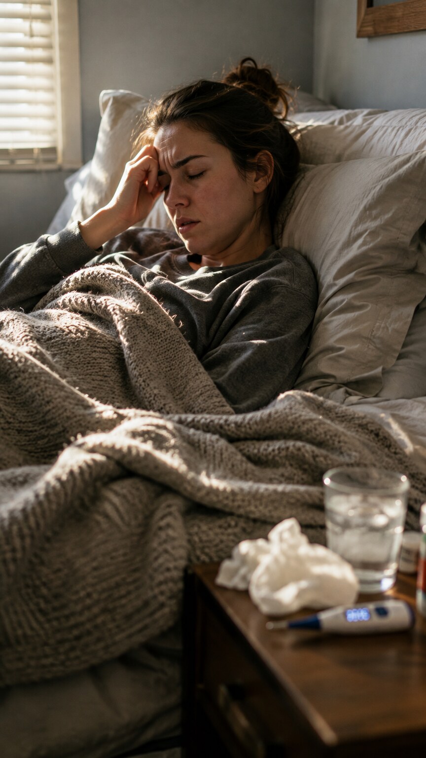 Person resting in bed with tissues and a thermometer nearby while recovering from a cold that is temporarily raising CRP