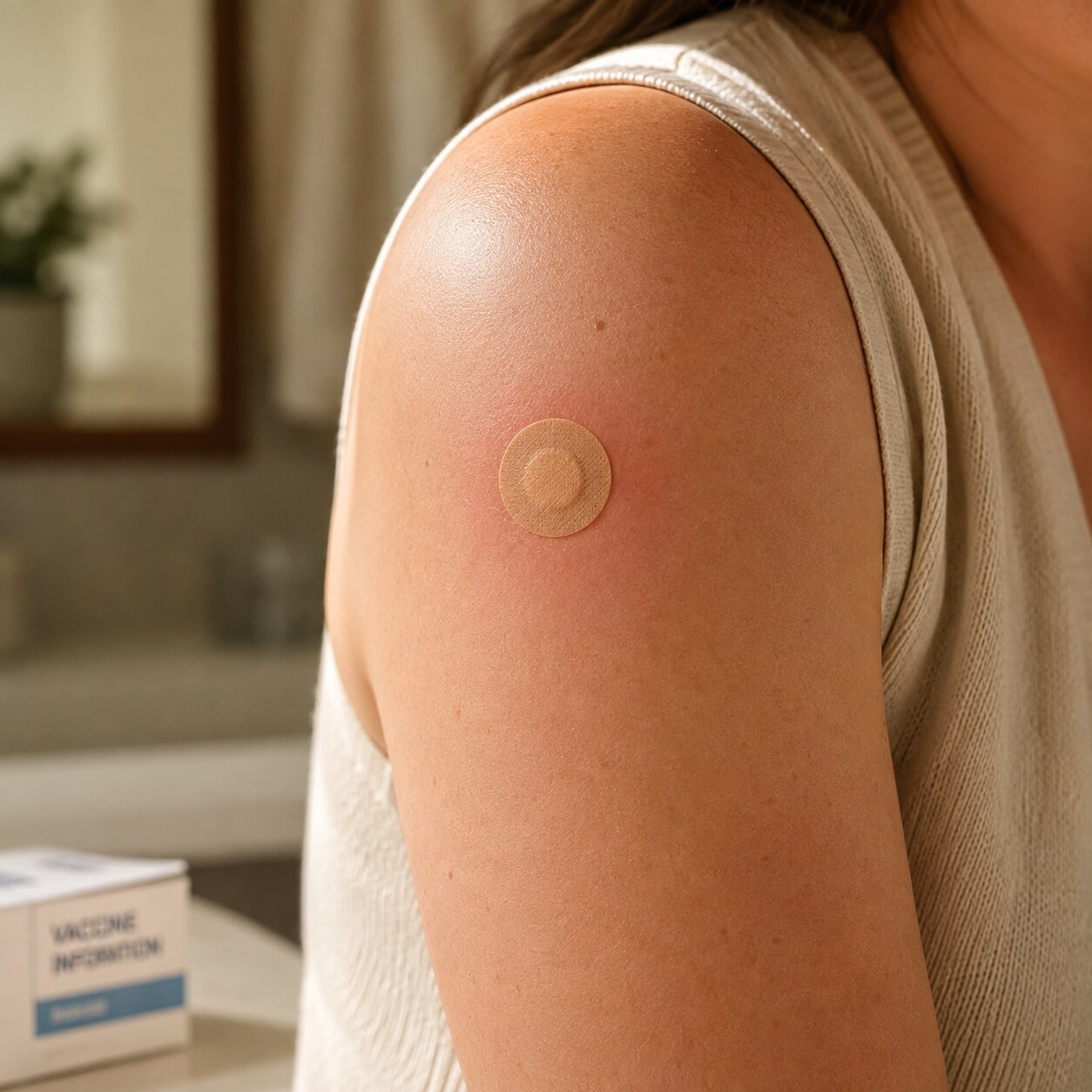 Close-up of a round adhesive bandage on a person's upper arm the day after a vaccination that triggered a brief CRP rise