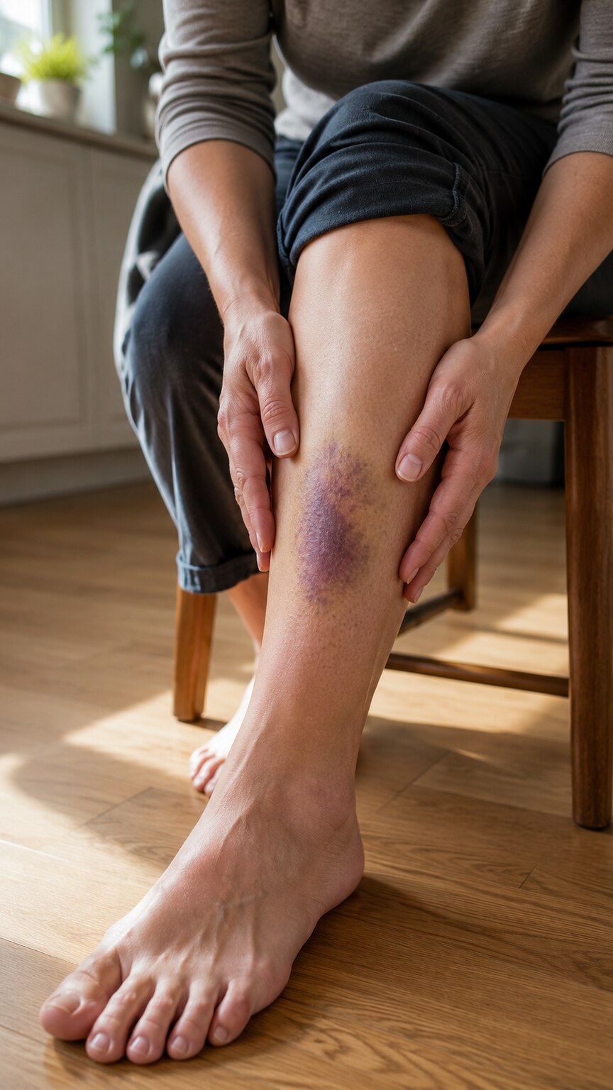 Person examining a fresh bruise forming on their shin after a minor bump that activated an acute-phase inflammatory response