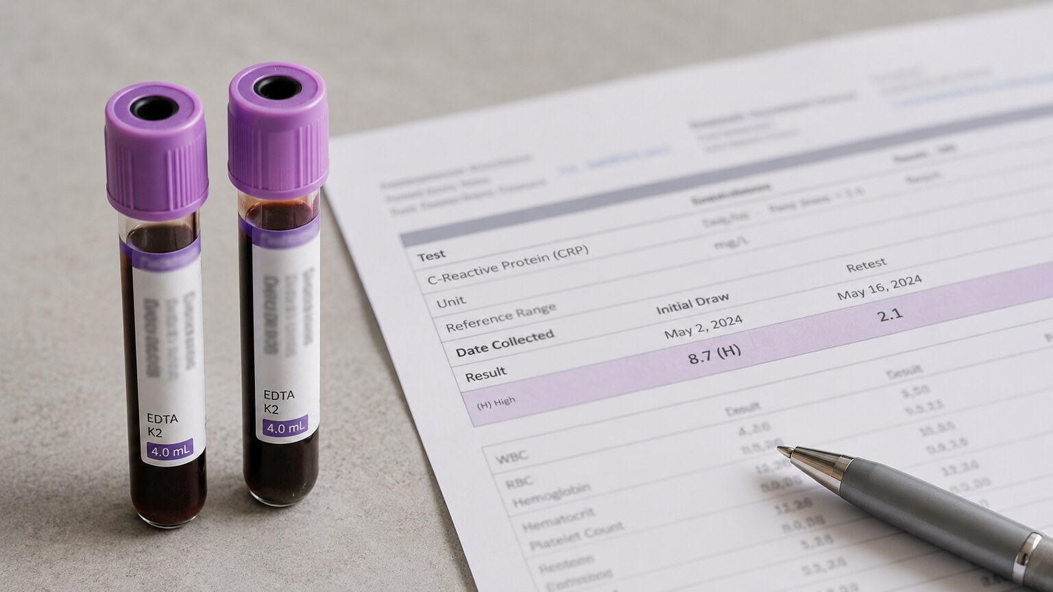 Blood sample tubes next to a lab report showing a CRP level trending downward after a two week retest