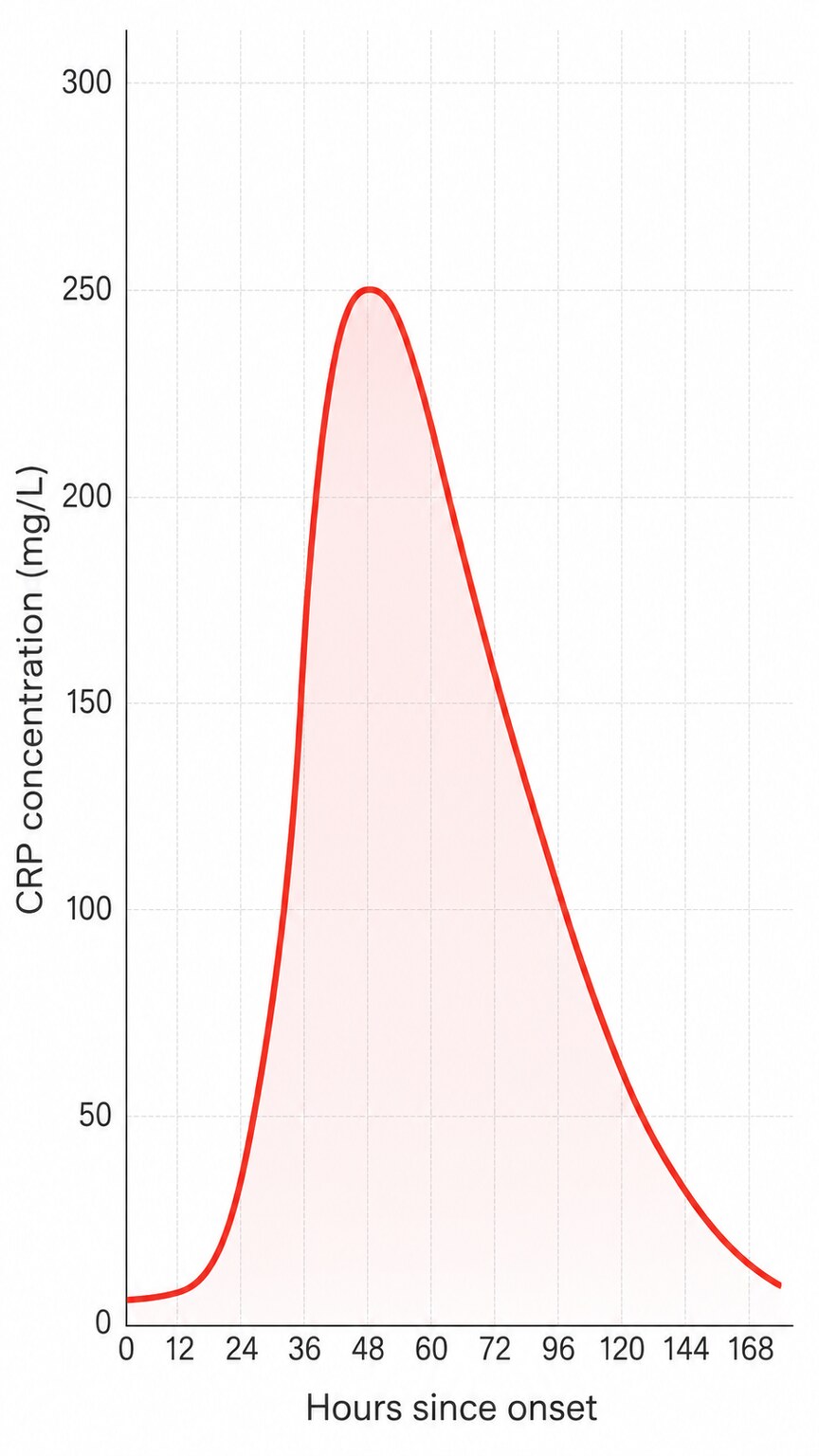 Illustration of a steep rising and falling curve representing CRP blood concentration over the course of an infection