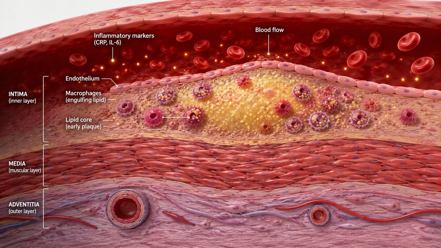 Illustration of a blood vessel wall with inflammatory markers accumulating near an early atherosclerotic plaque
