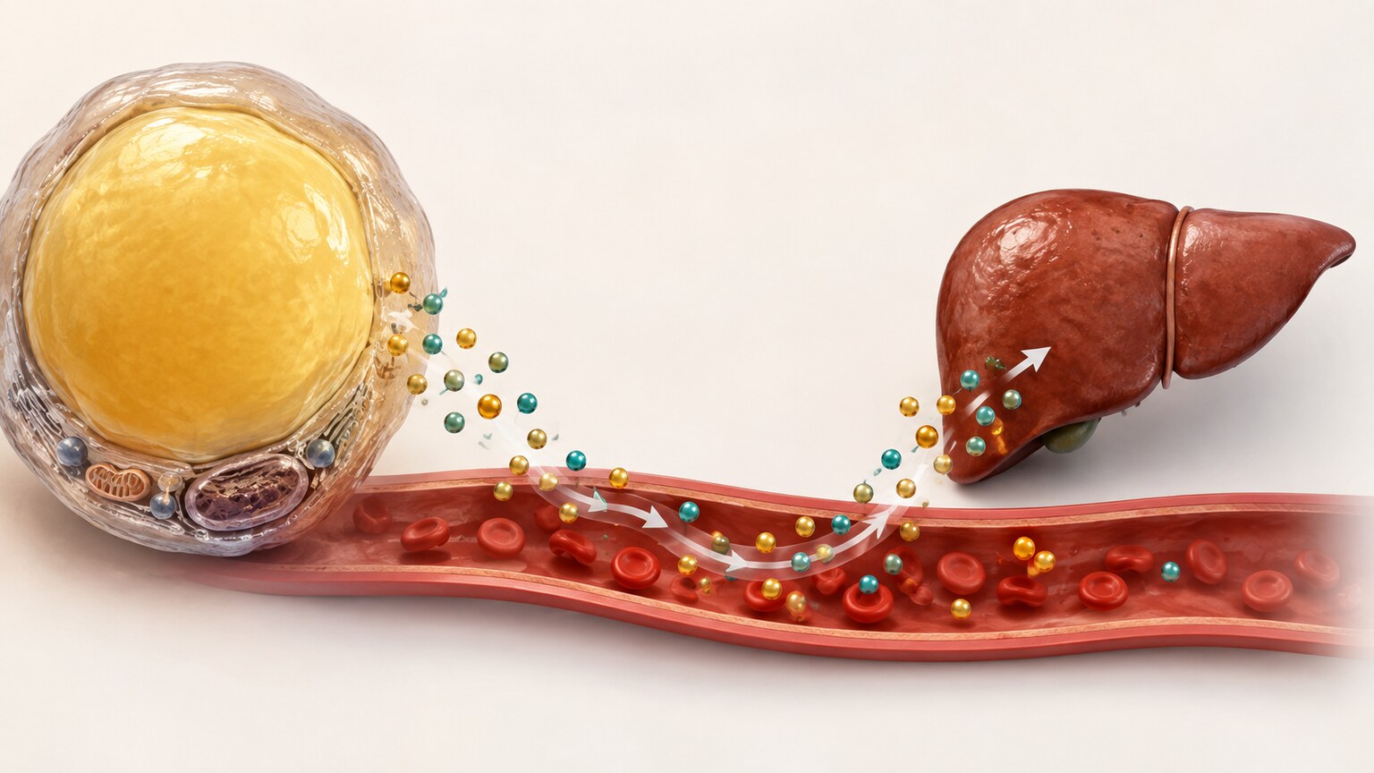 Illustration of fat tissue cells releasing IL-6 signaling molecules that travel toward the liver