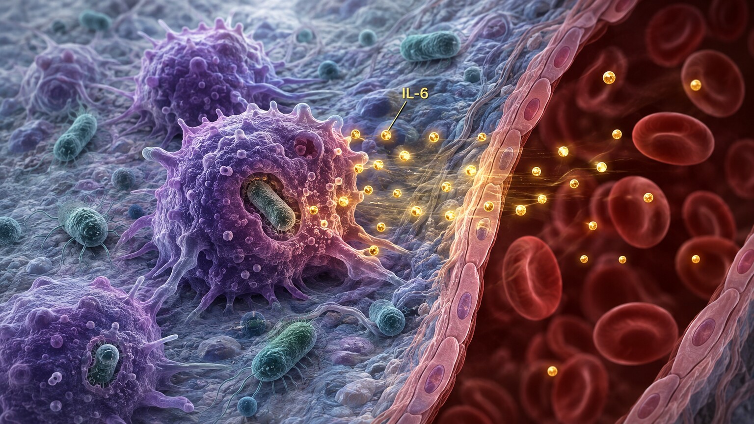 Scientific illustration of macrophages at a local infection site releasing interleukin-6 signaling molecules into a nearby blood vessel