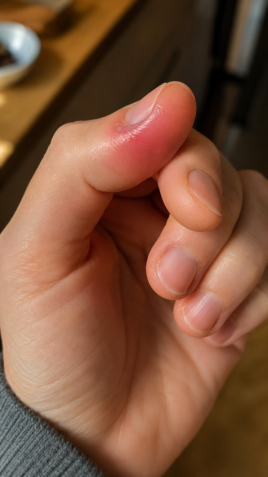 Close-up of a person examining a small, red, swollen infected fingertip near the nail bed