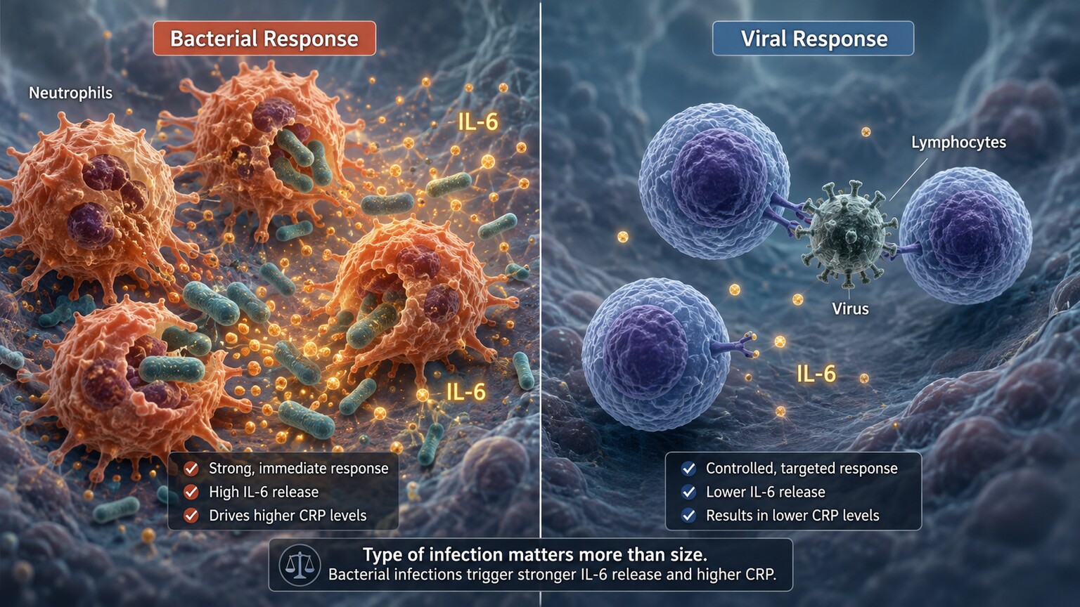 Split scientific illustration comparing neutrophils swarming bacteria on one side against lymphocytes responding to a virus on the other