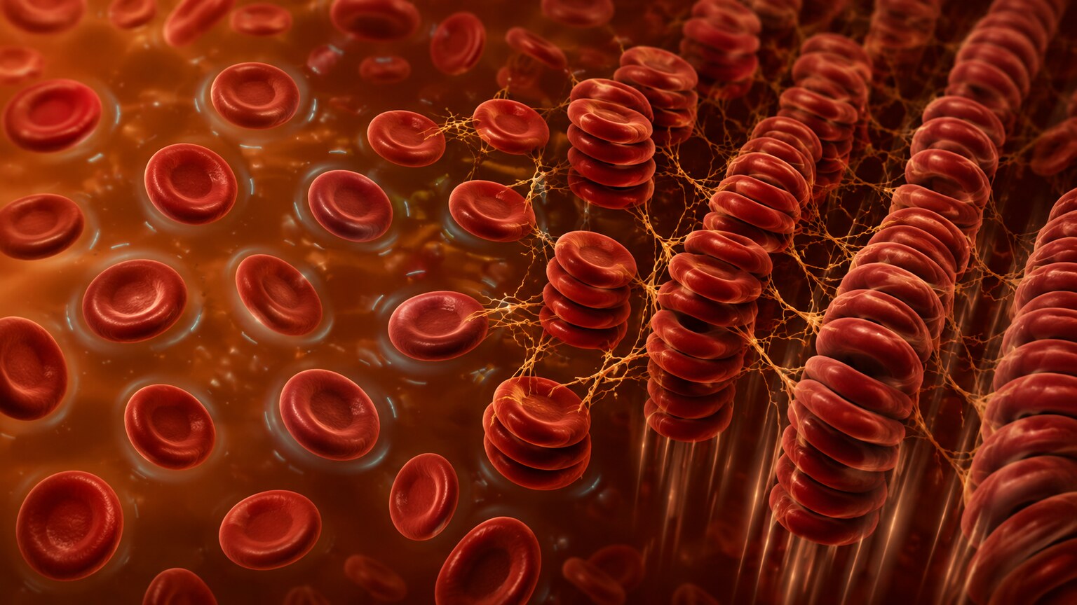 Scientific illustration of red blood cells stacking into rouleaux formations due to fibrinogen protein bridges