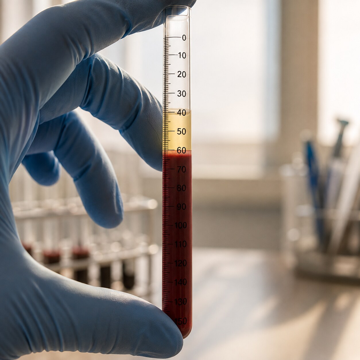 Close-up of a gloved hand holding a Westergren ESR tube against a millimeter scale after one hour of settling
