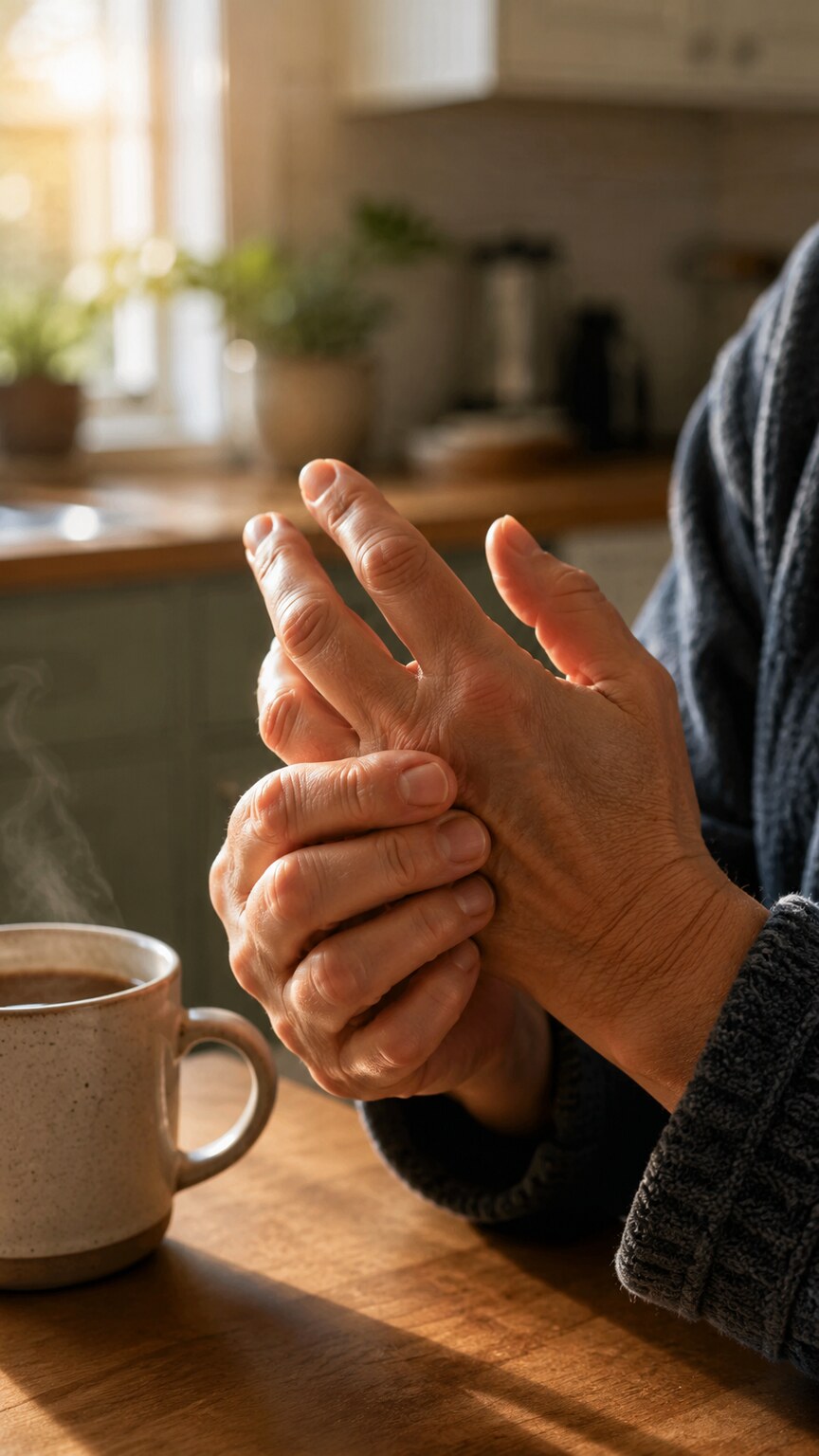 Person gently massaging their own stiff, swollen finger joints first thing in the morning