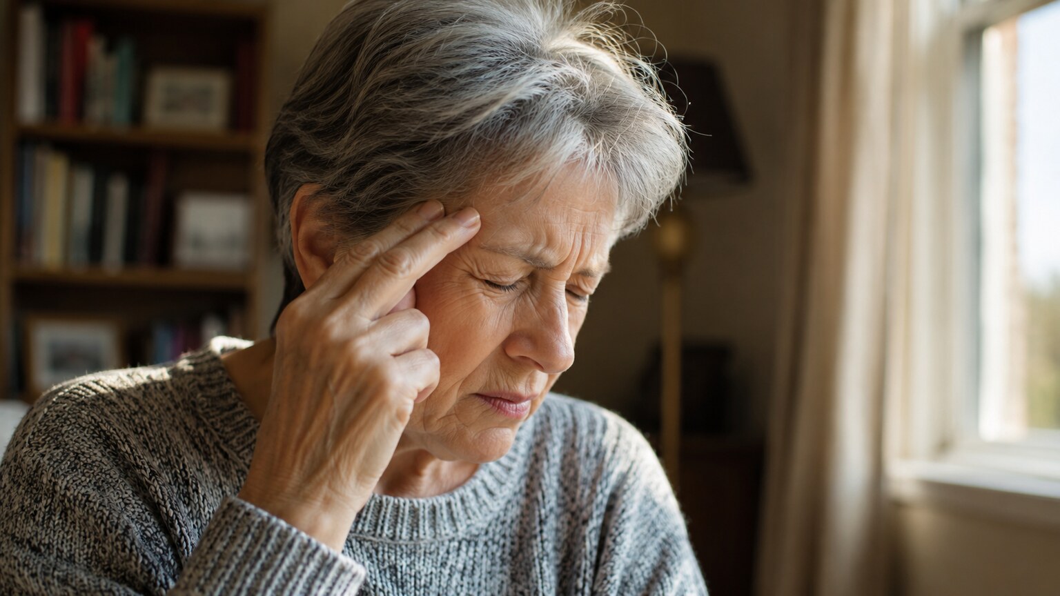 Older adult pressing their fingers against their temple, wincing from a new, severe headache near the hairline