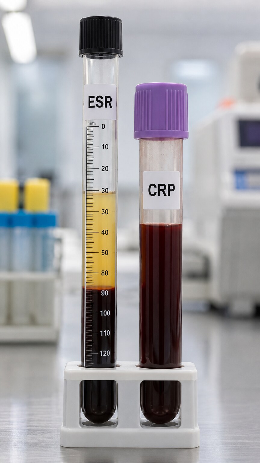 Two labeled blood collection tubes for ESR and CRP testing standing side by side in a lab rack
