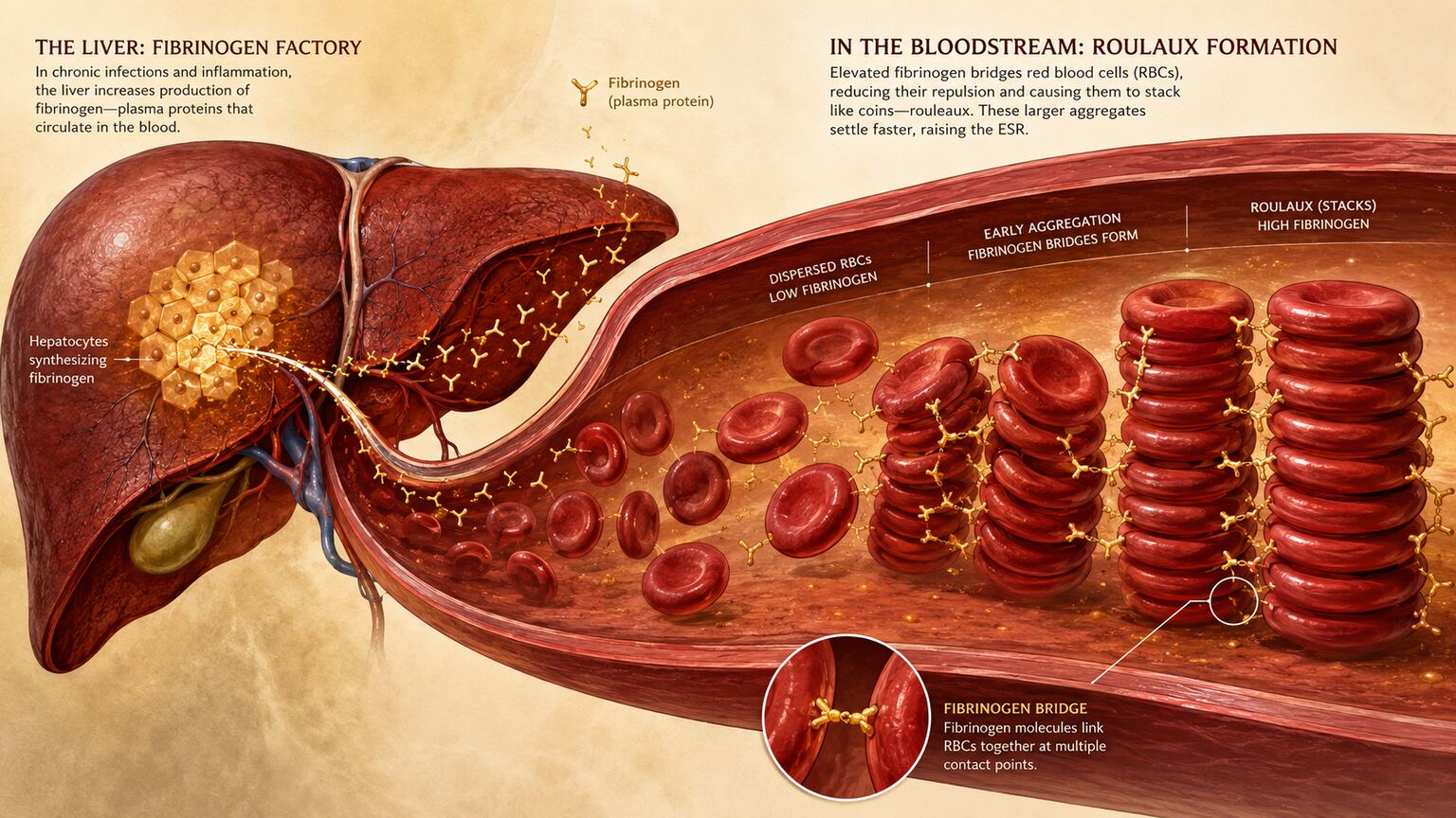Scientific illustration of red blood cells stacking into rouleaux formations inside a test tube due to fibrinogen from the liver