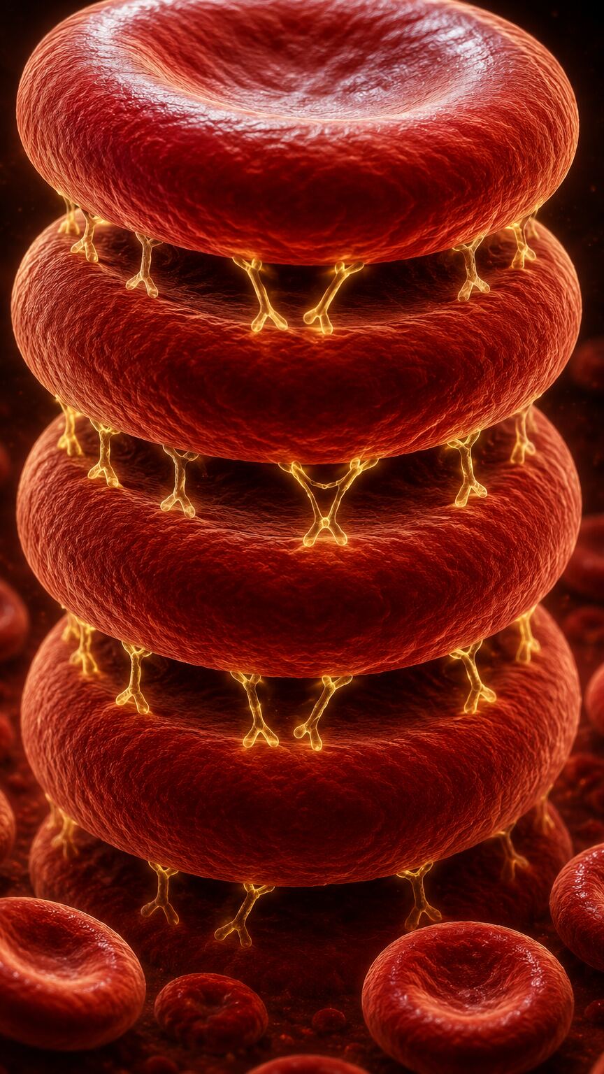 Close-up molecular illustration of fibrinogen protein bridges linking red blood cell surfaces together into a stacked chain
