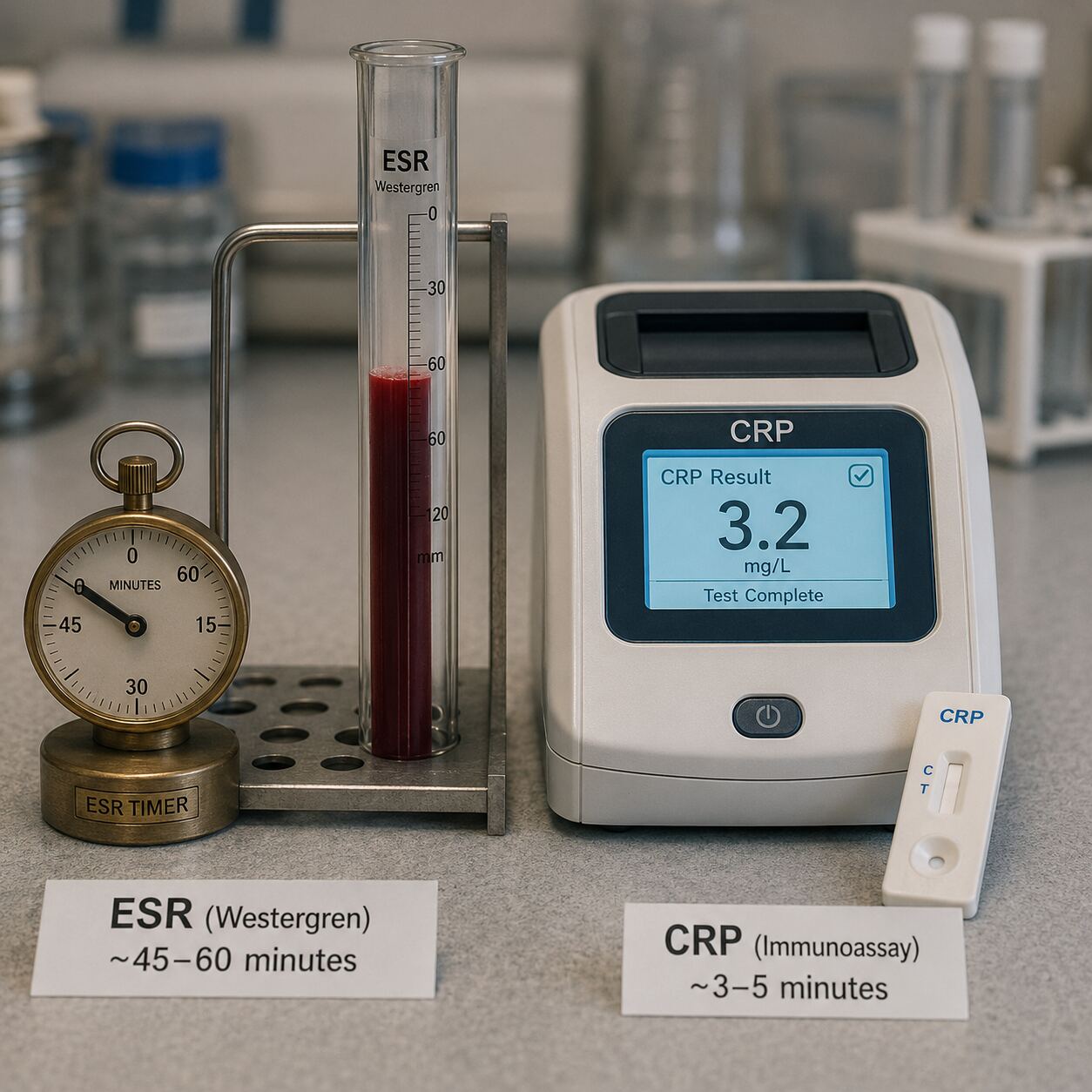 Side-by-side lab bench photo of a Westergren ESR tube settling for one hour next to a rapid CRP immunoassay reader
