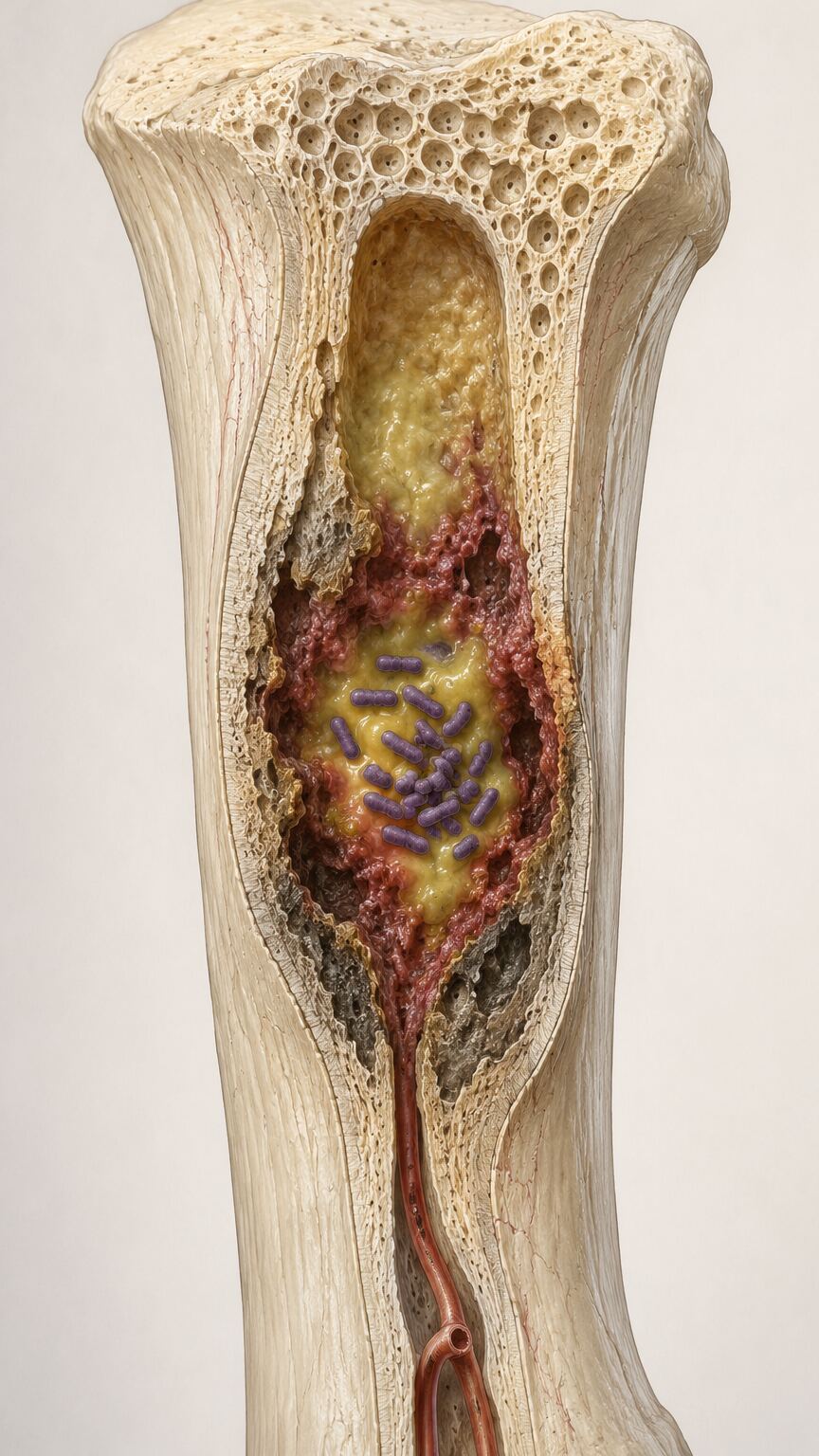 Cross-section medical illustration of a long bone showing pus and bacterial infection inside the marrow cavity in osteomyelitis