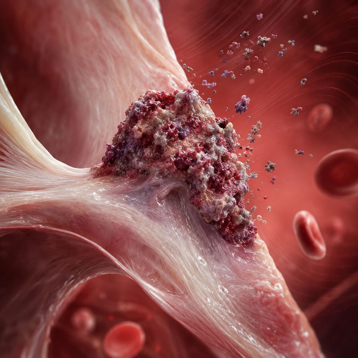 Detailed medical illustration of bacterial vegetation growing on a heart valve leaflet in infective endocarditis