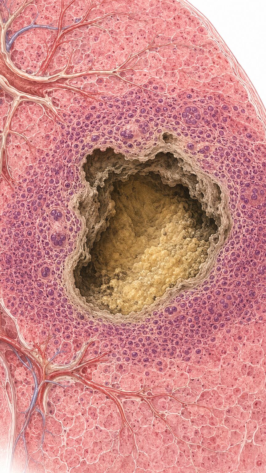 Cross-section illustration of lung tissue showing a cavitary tuberculosis lesion with surrounding granulomatous inflammation