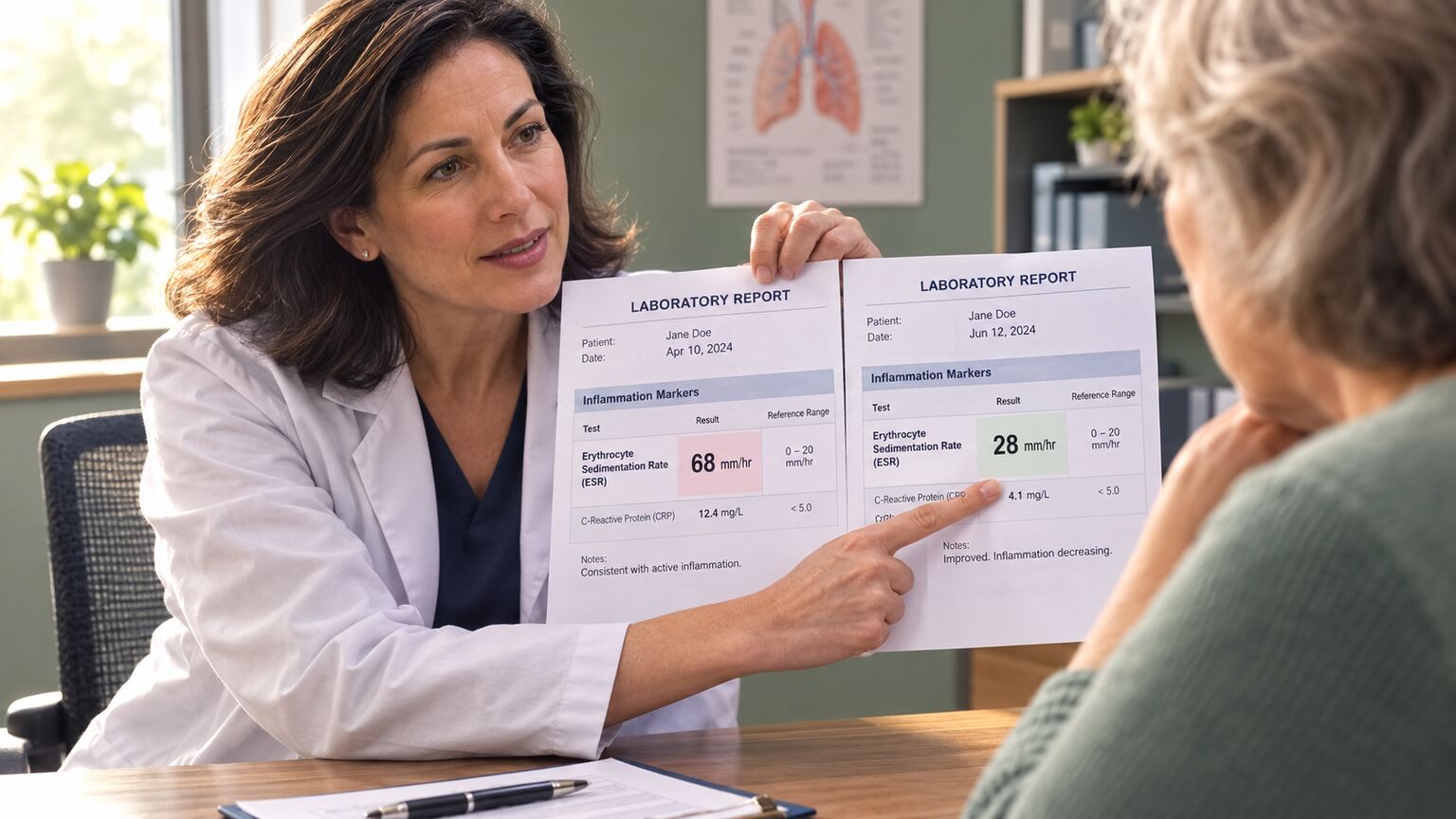 Doctor reviewing two printed lab reports weeks apart with a patient, comparing a declining ESR trend during antibiotic treatment