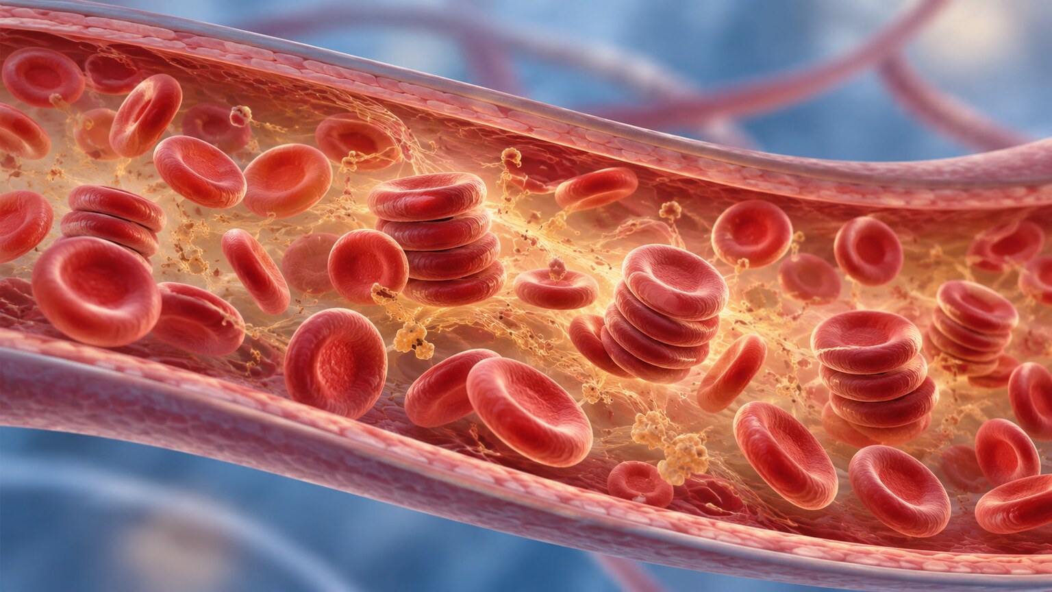 Scientific illustration of red blood cells stacking together inside a calm, otherwise normal-looking blood vessel