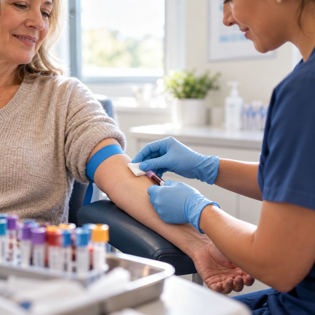 Close-up of a routine annual wellness blood draw where ESR is discovered incidentally, not because the patient felt sick