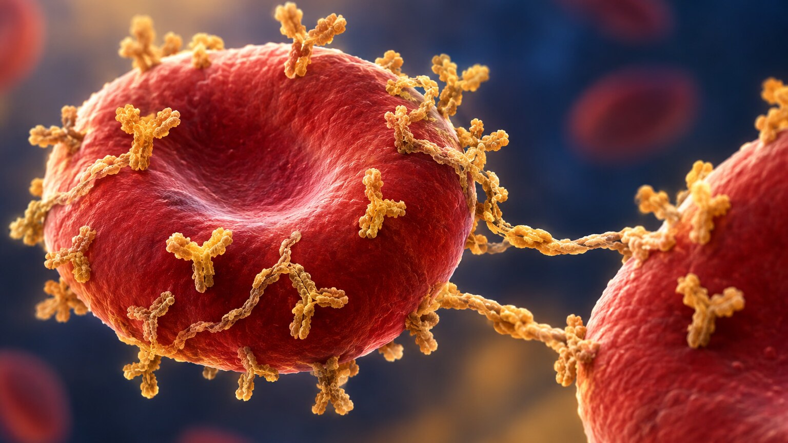 Molecular illustration of globulin and fibrinogen proteins coating red blood cells and increasing their tendency to clump together