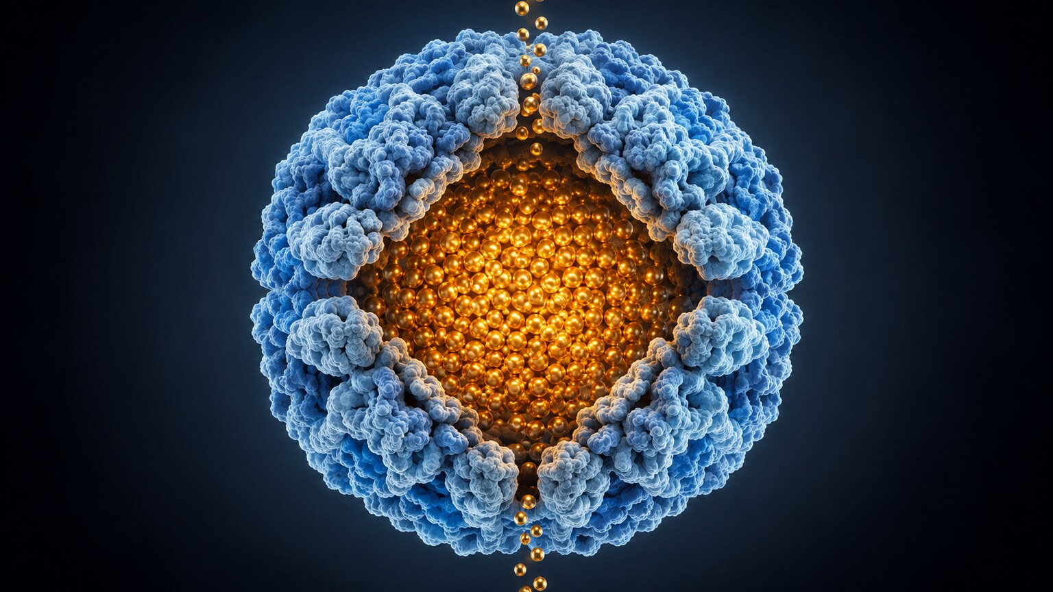 Scientific illustration of a hollow spherical ferritin protein shell with iron atoms packed densely inside its core