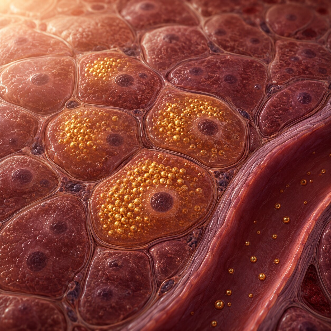 Cross-section scientific illustration of liver tissue with densely clustered ferritin molecules storing iron inside hepatocyte cells