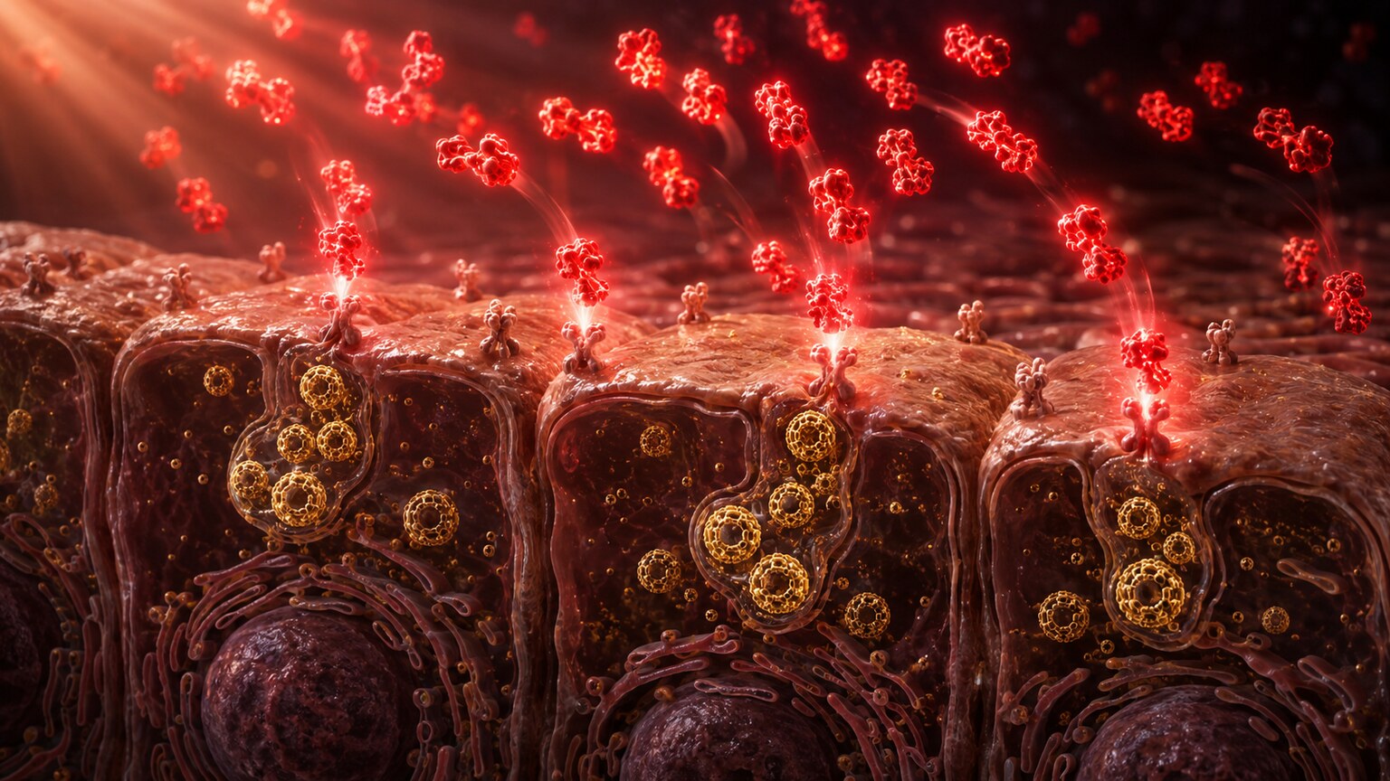 Scientific illustration of inflammatory cytokine molecules signaling liver cells to increase ferritin production during an immune response