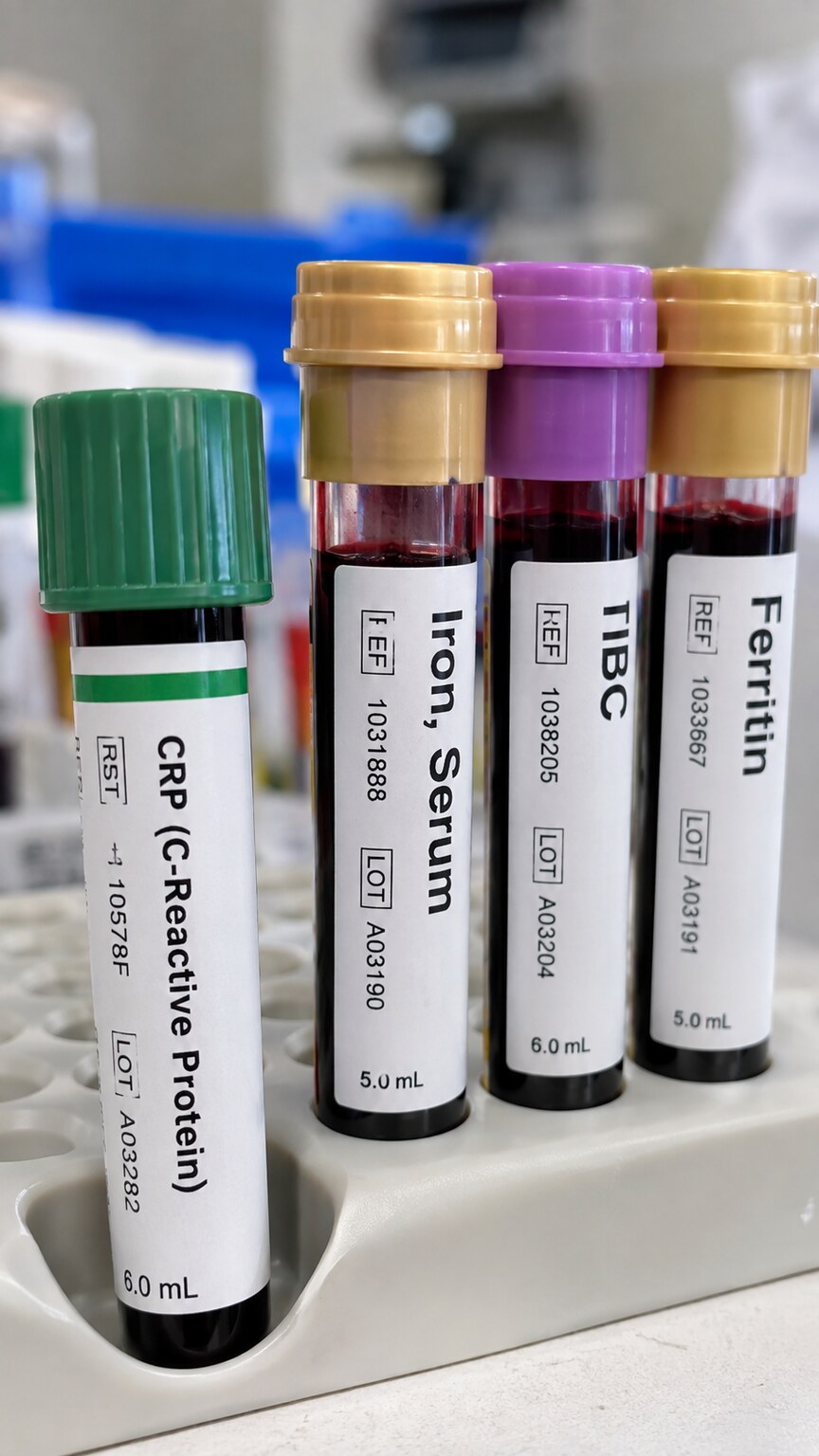 Labeled CRP blood test tube standing beside iron panel blood collection tubes in a phlebotomy tray