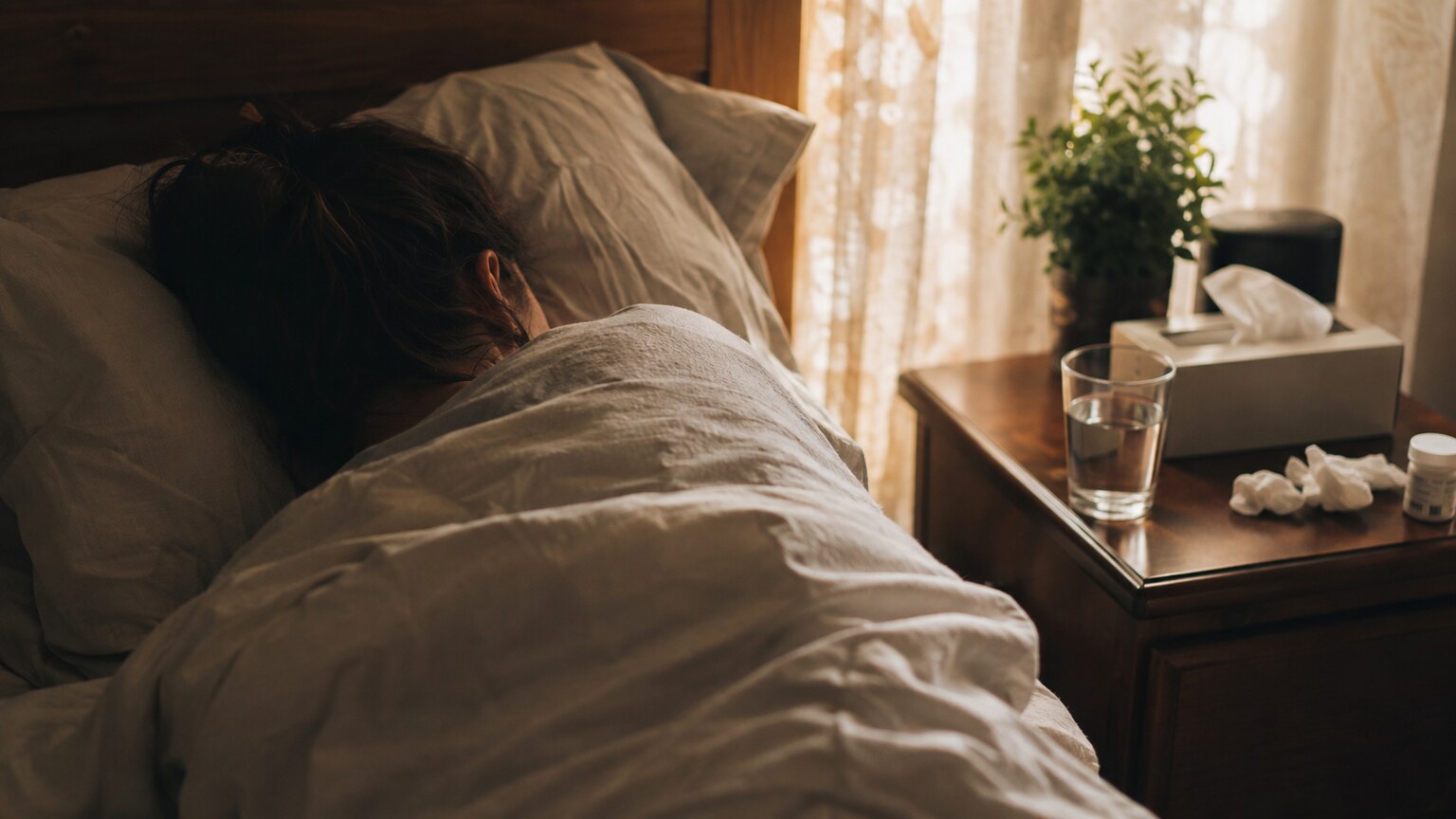 Person resting in bed recovering from illness, representing the acute-phase period during which ferritin temporarily rises independent of iron status