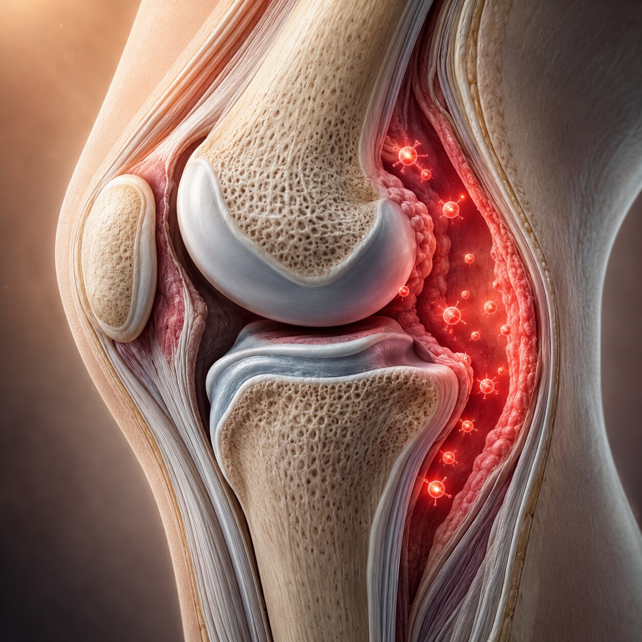 Scientific illustration of an inflamed joint with visible swelling representing chronic inflammatory conditions that persistently elevate ferritin