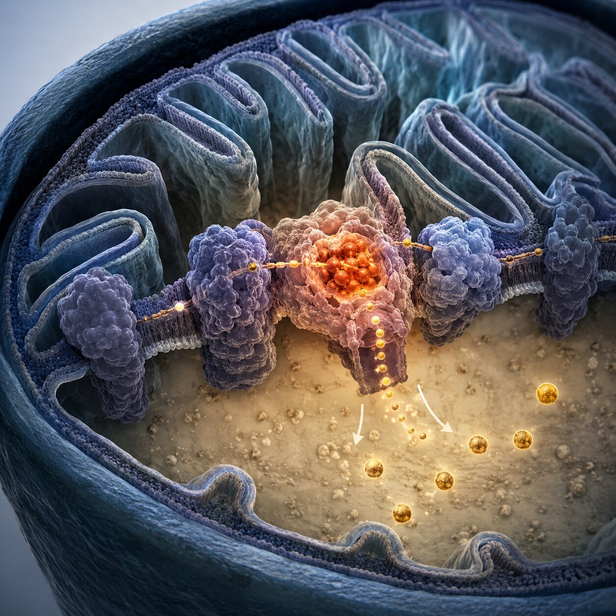 Scientific illustration of a mitochondrion's electron transport chain with iron-sulfur cluster proteins generating cellular energy