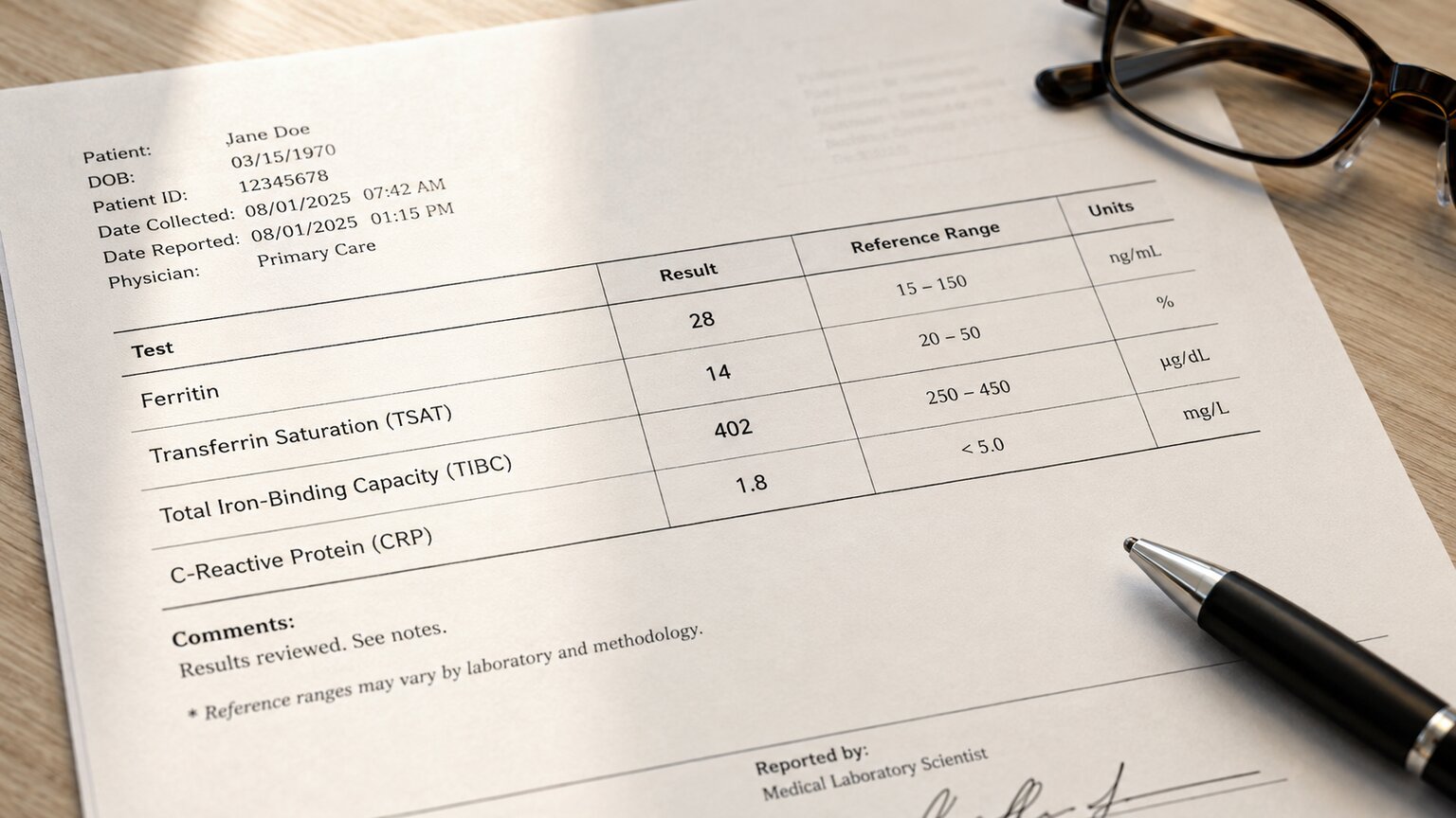 Close-up of a printed lab report showing ferritin results alongside transferrin saturation, TIBC, and CRP inflammation marker values