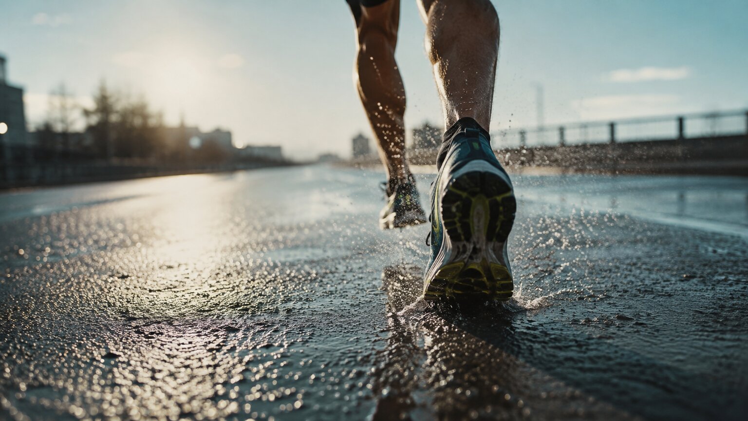 Close-up action shot of a long-distance runner's foot striking pavement mid-stride during training