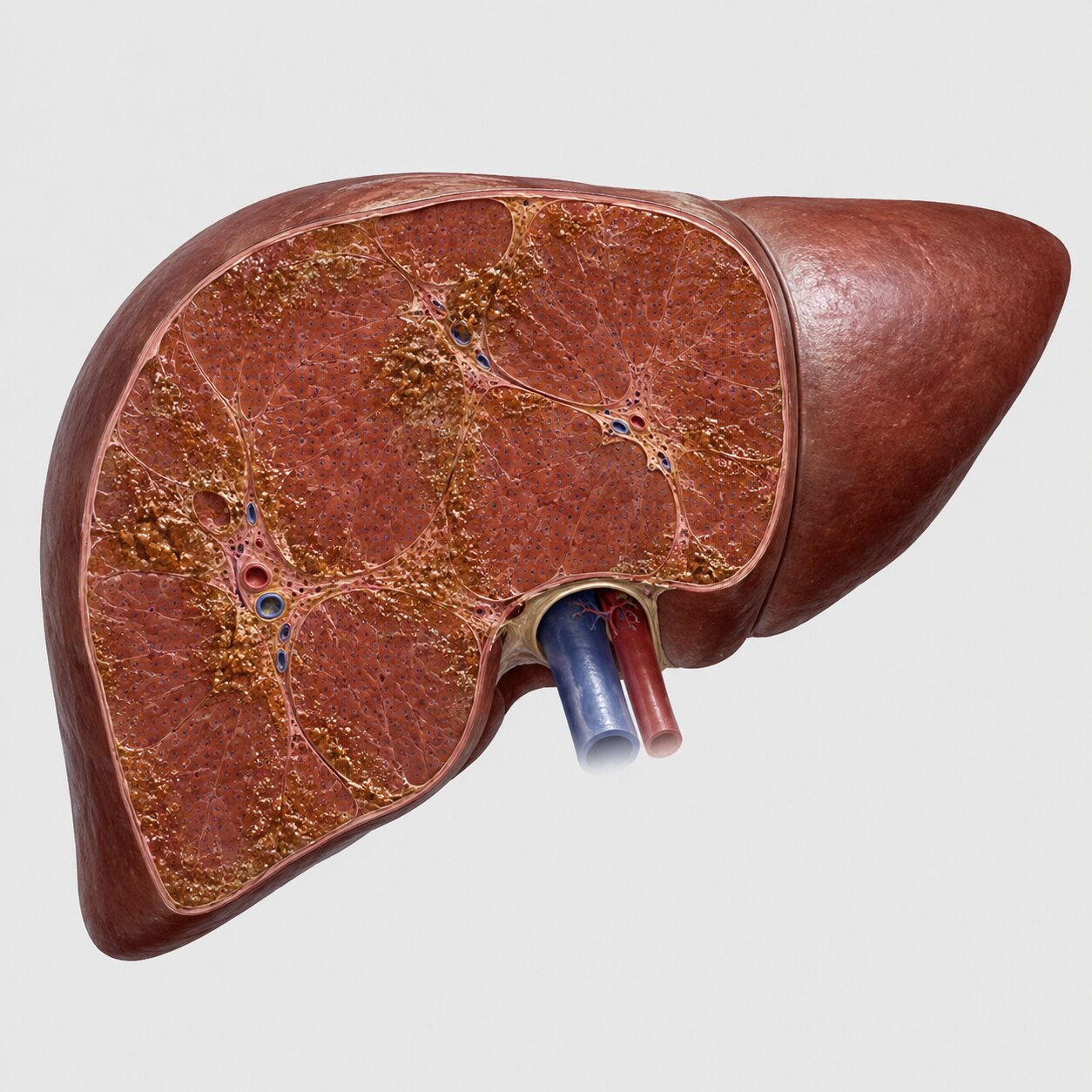 Anatomical illustration of a liver showing visible bronze-toned iron deposits accumulated within the tissue, consistent with hemochromatosis