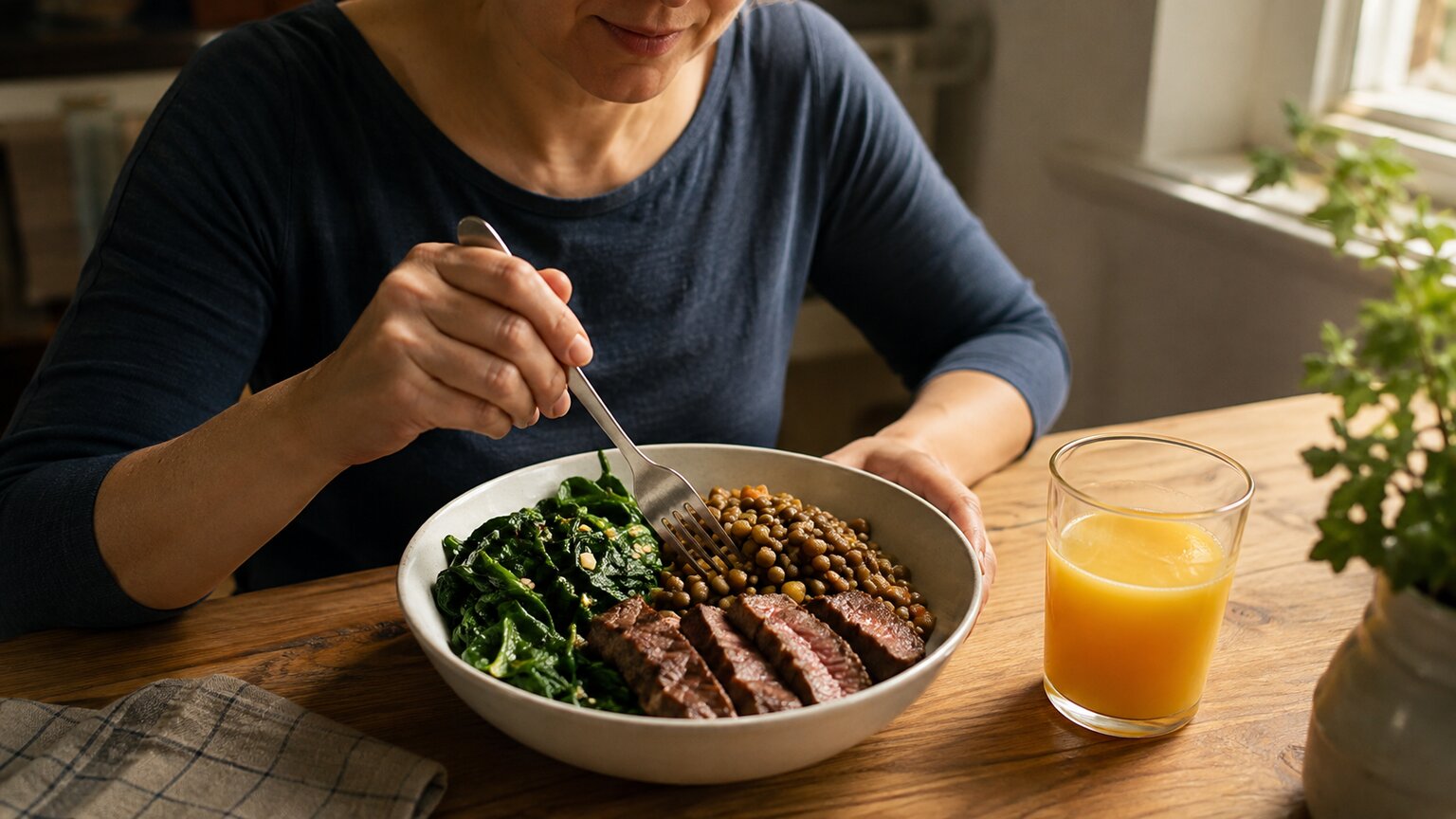 Person at a kitchen table eating a meal of lentils, spinach, and lean red meat, common iron-rich foods used to rebuild depleted stores