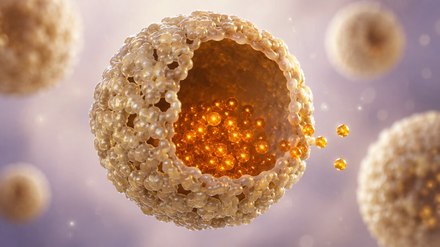 Scientific illustration of a hollow ferritin protein shell holding a partially depleted core of stored iron atoms