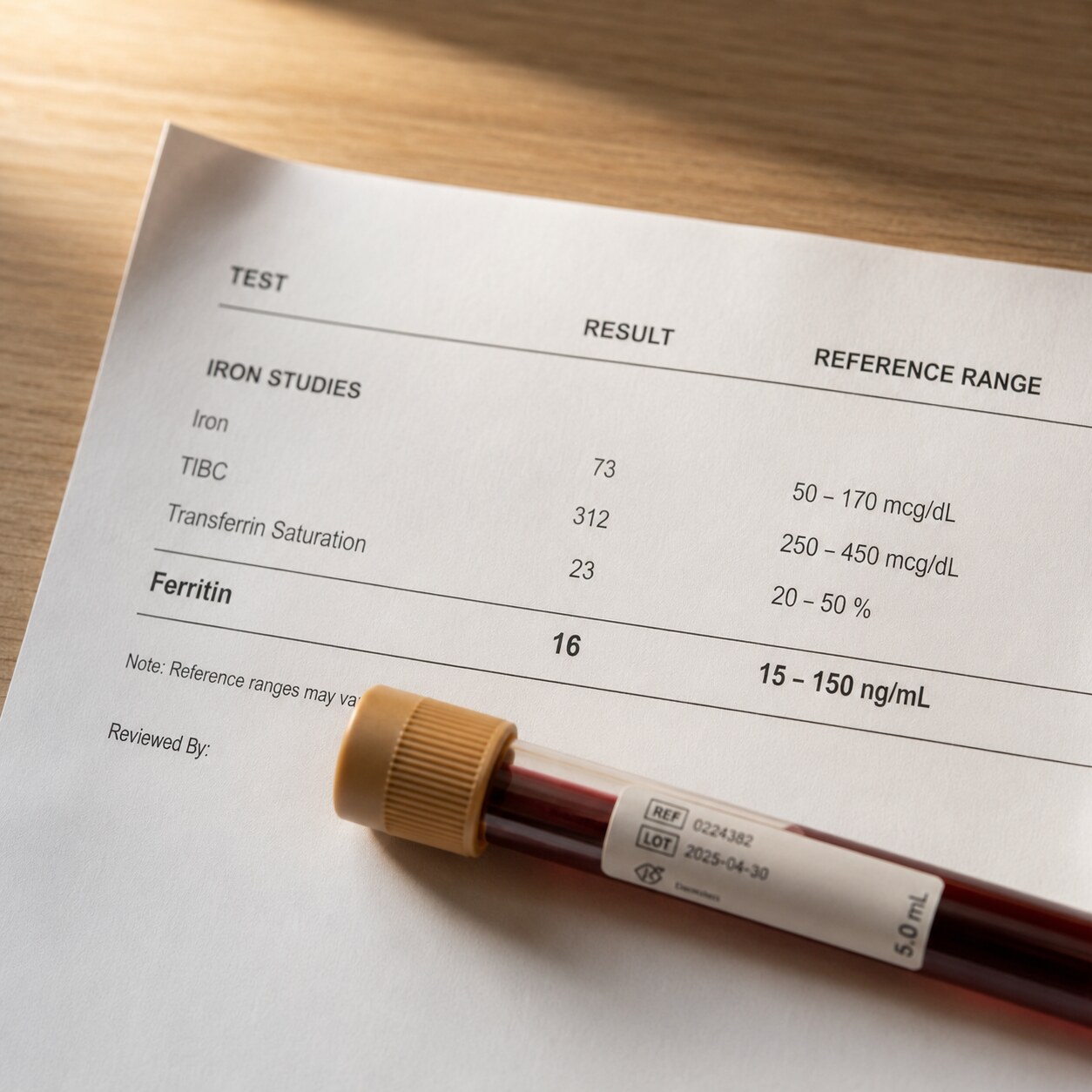 Close-up of a printed lab report showing a ferritin value positioned just above the lower boundary of its reference range