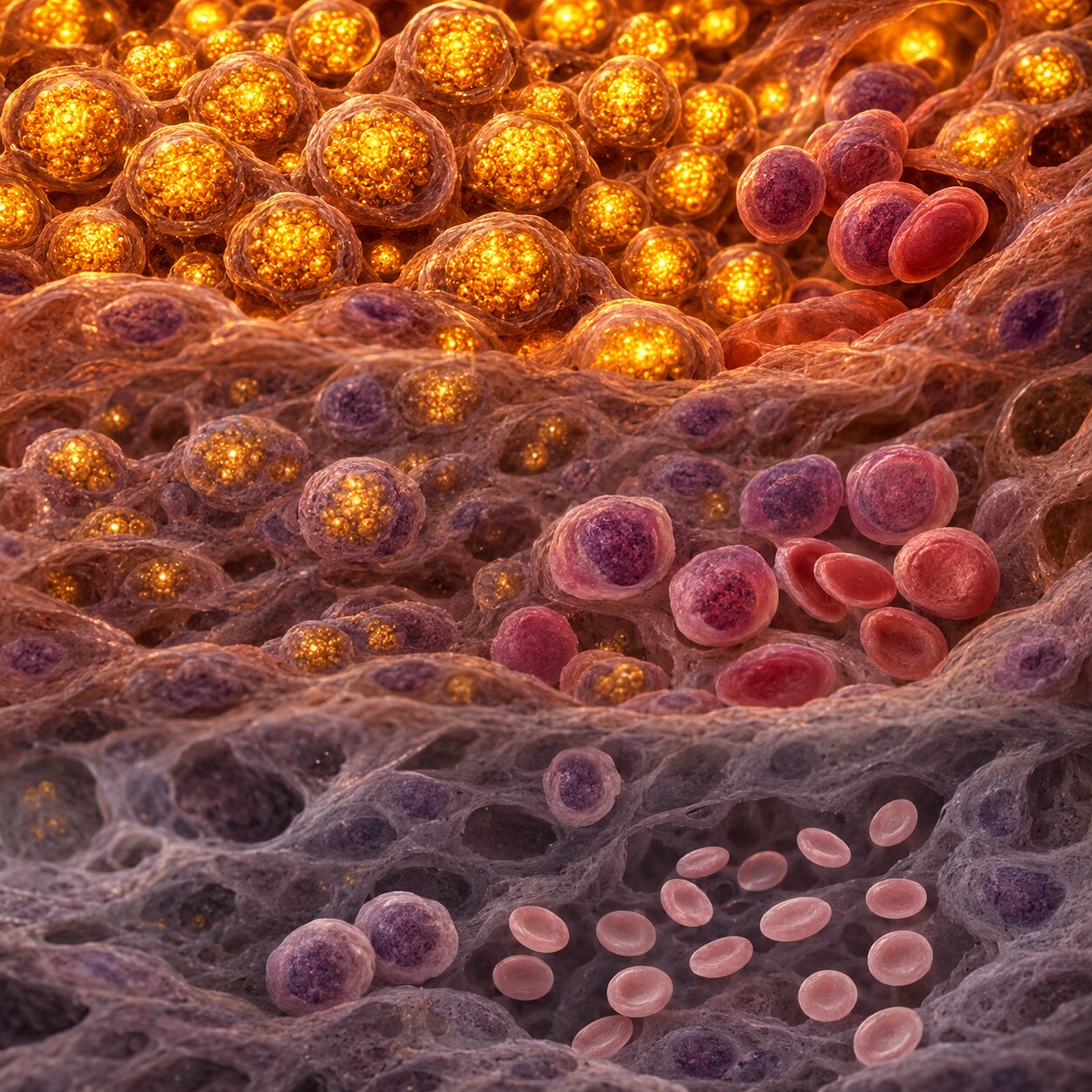 Scientific illustration showing the progressive stages of iron depletion from full stores to depleted stores to anemia
