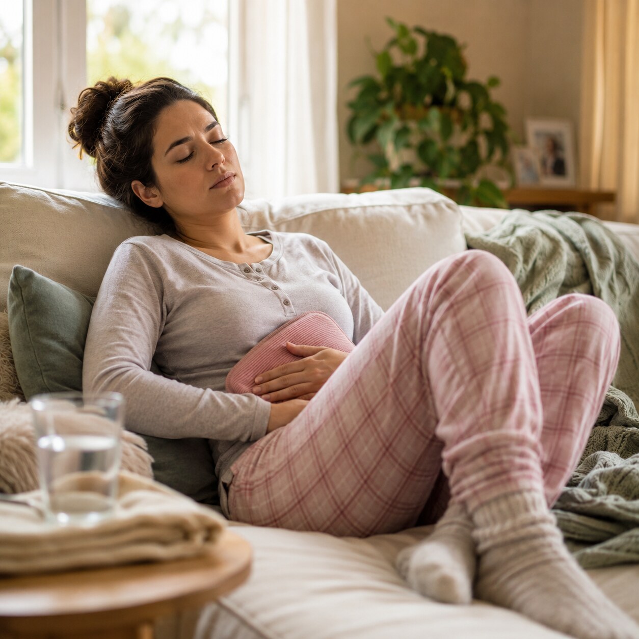 Photograph of a woman resting on a couch holding a heating pad against her lower abdomen during menstruation