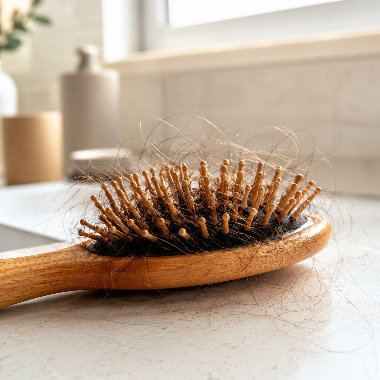 Close-up of strands of hair caught in a hairbrush, a symptom sometimes associated with borderline low ferritin even before anemia develops