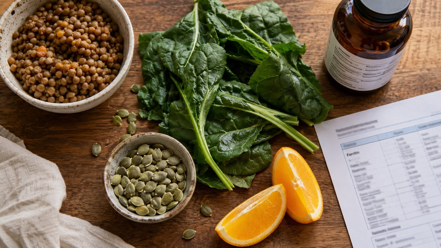 Overhead view of iron-rich foods and an iron supplement bottle arranged on a kitchen counter beside a printed lab report