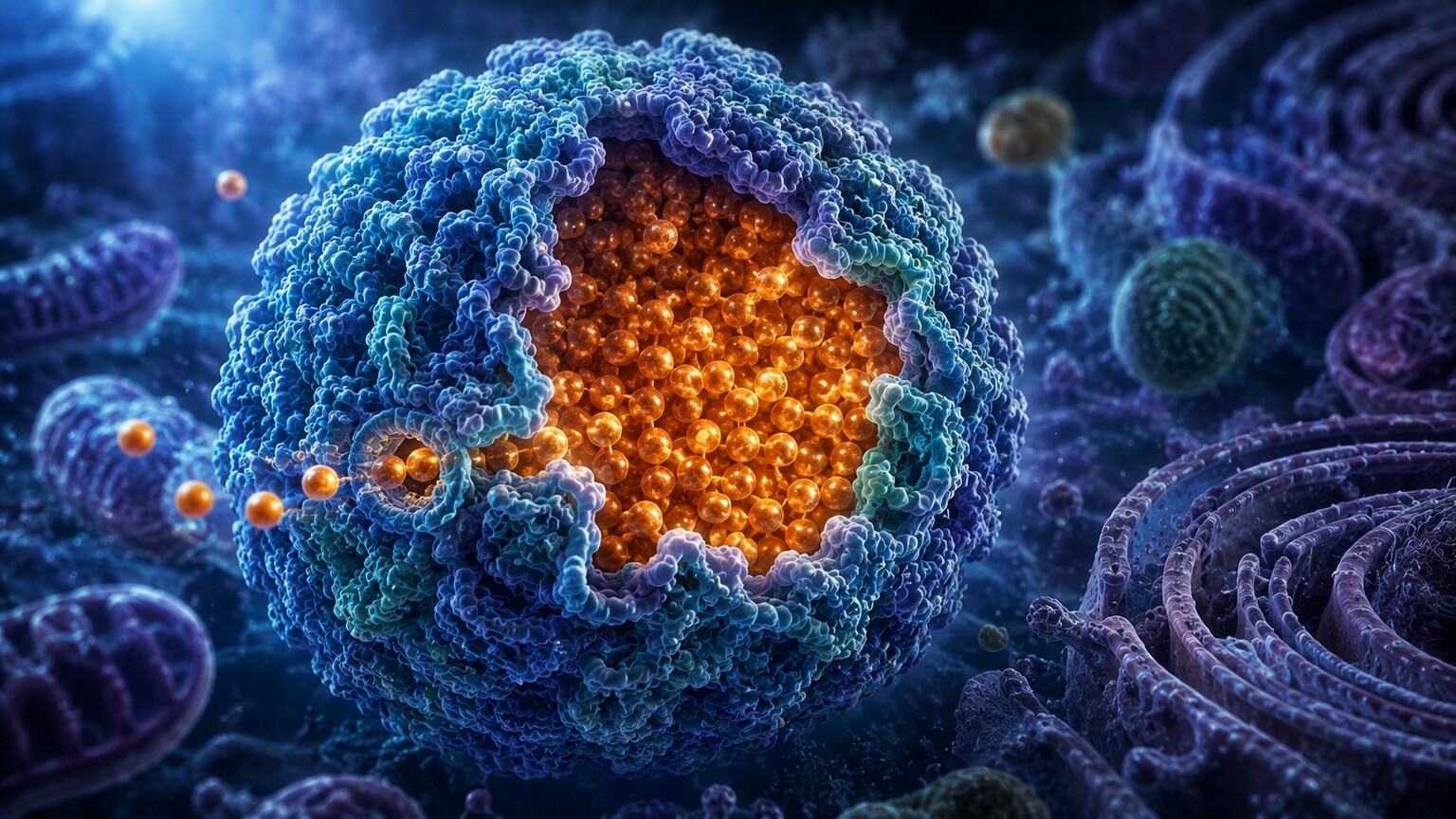 Scientific cutaway illustration of a spherical ferritin protein shell storing glowing iron atoms inside a liver cell