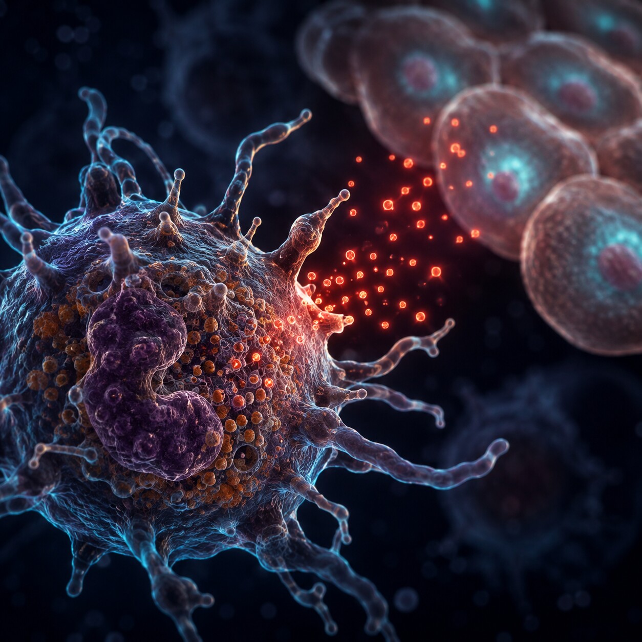Close-up scientific illustration of a macrophage immune cell releasing interleukin-6 signals that trigger the liver to produce more ferritin